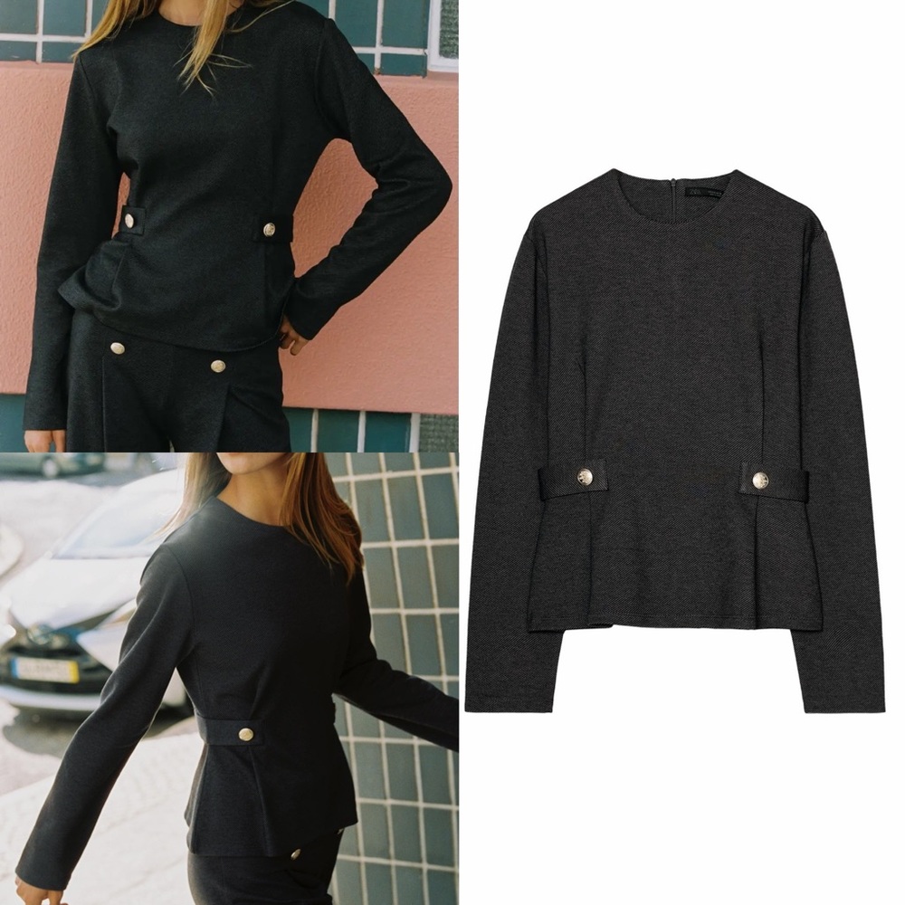 Zara NWT charcoal monk long sleeve gold button detail twill peplum top